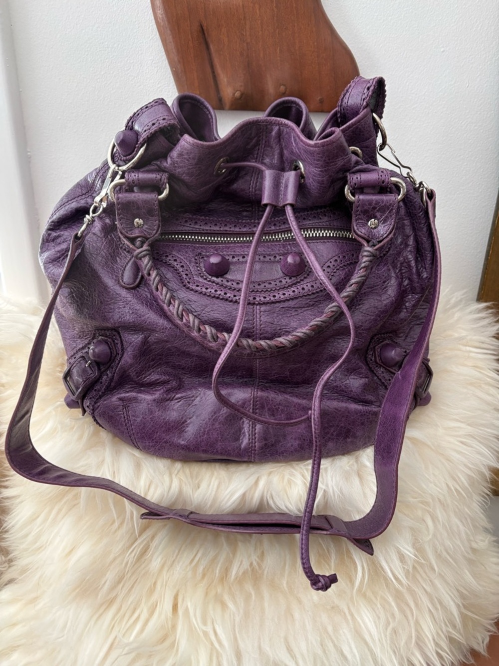 Balenciaga Drawstring Leather Boho Bag